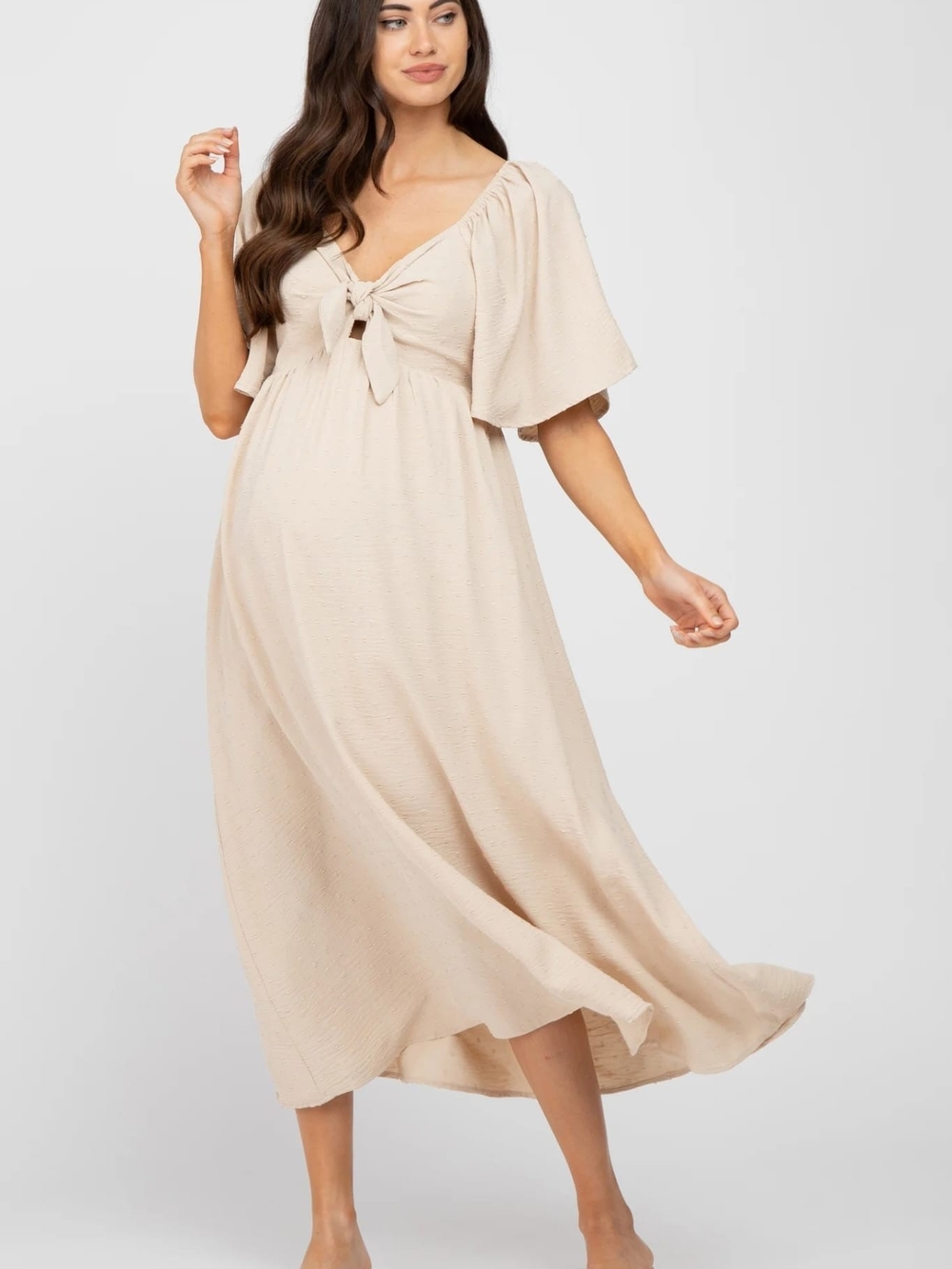 Pinkblush Maternity Light Beige Midi Tie-Front Flutter Sleeve Dress